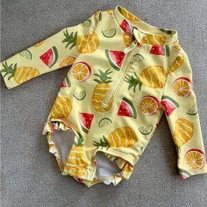 Baby Long Sleeve Fruit Print Rash Guard One-Piece Swimsuit - Yellow
